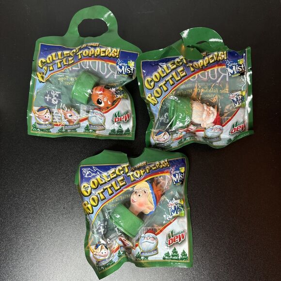 Rudolph the Red Nosed Reindeer Set of 3 Bottle Toppers Mountain Dew Premium - Picture 1 of 4